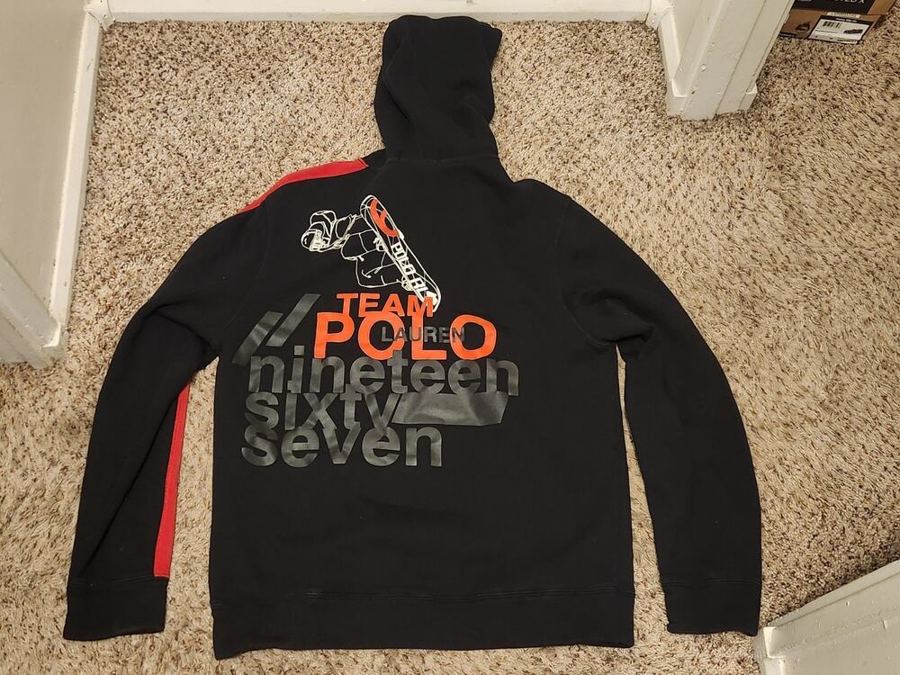 VINTAGE 90s Polo Ralph Lauren Black Cotton Team Polo 1967 Hooded Sweater L